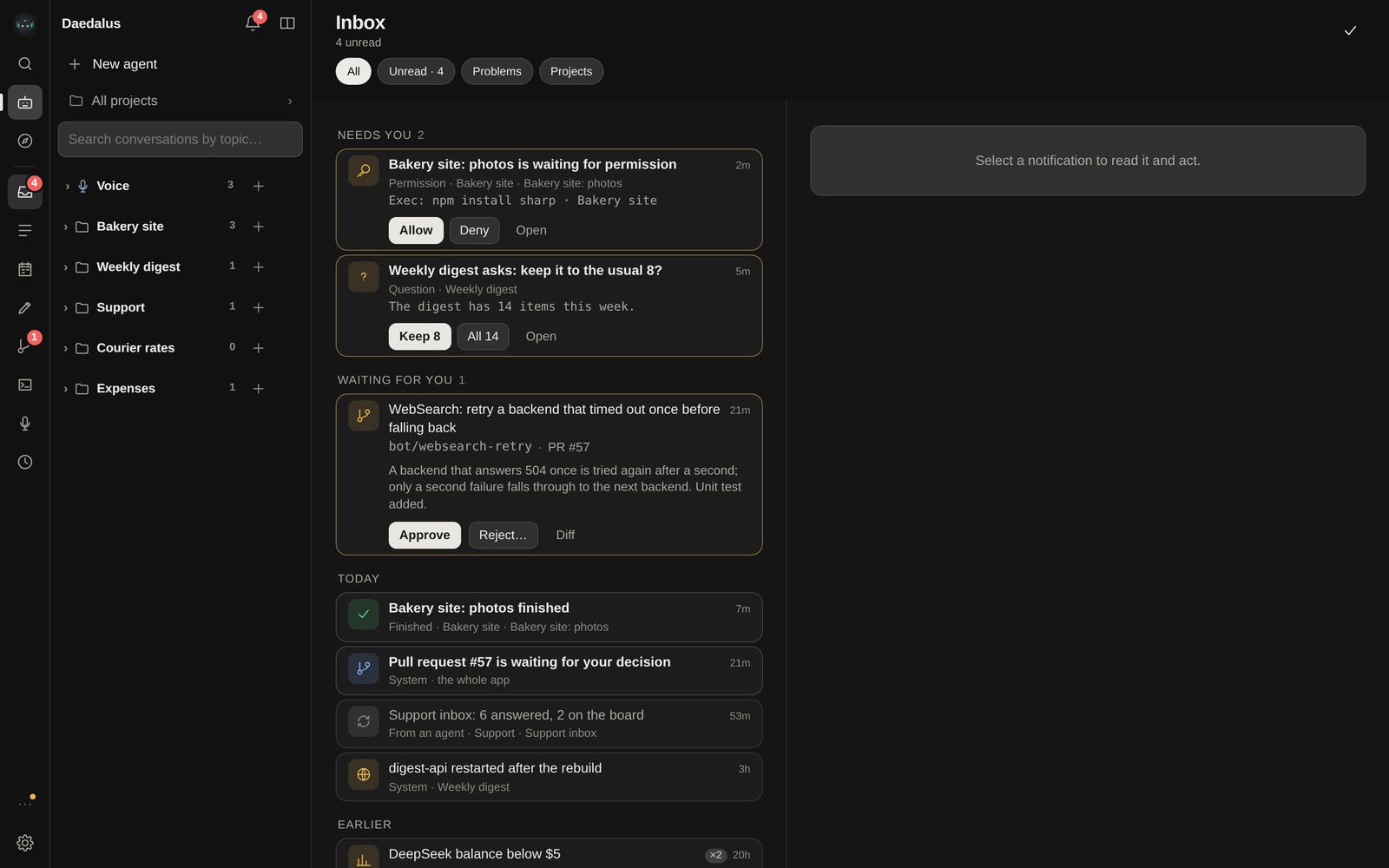 The inbox: a permission request, a question, and a pull request to Daedalus's own code with Approve and Reject buttons