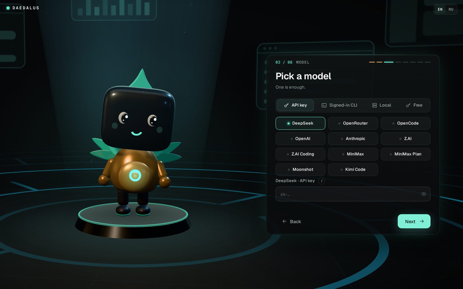 The launcher's setup wizard at step 3 of 8, Pick a model: API key, signed-in CLI, local or free, and a list of providers