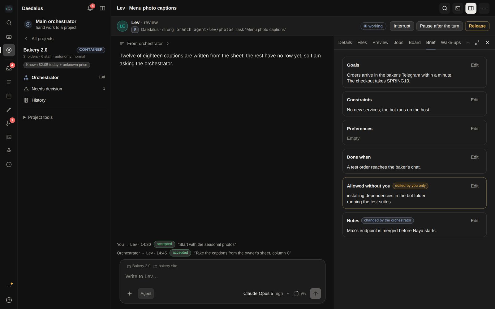 A staff member at work — Lev, review, a Daedalus agent — and his brief with goals, constraints and a done-when