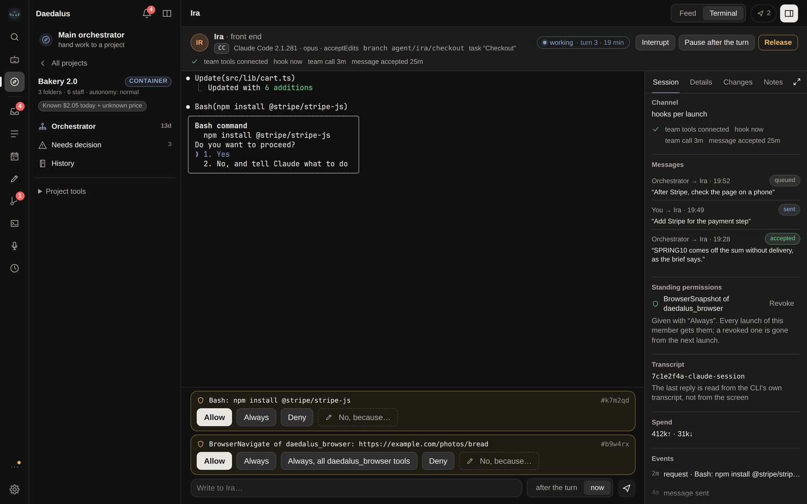 A staff member's Claude Code terminal with two pending permission requests, each with Allow, Always, Deny and No, because… buttons